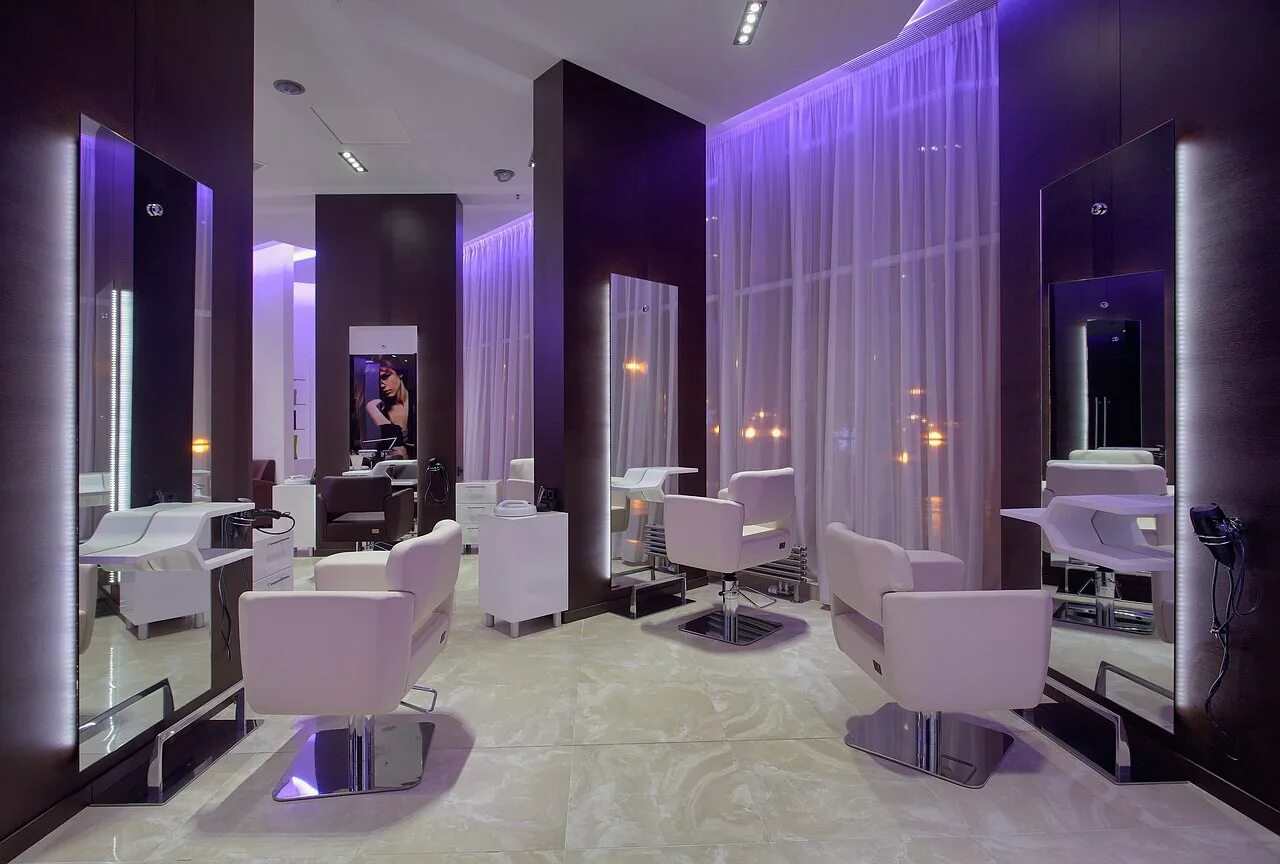 Создание салона красоты. Элитный салон красоты. красивый интерьер салона красоты. необычный интерьер салона красоты. салон красоты в фиолетовом стиле.