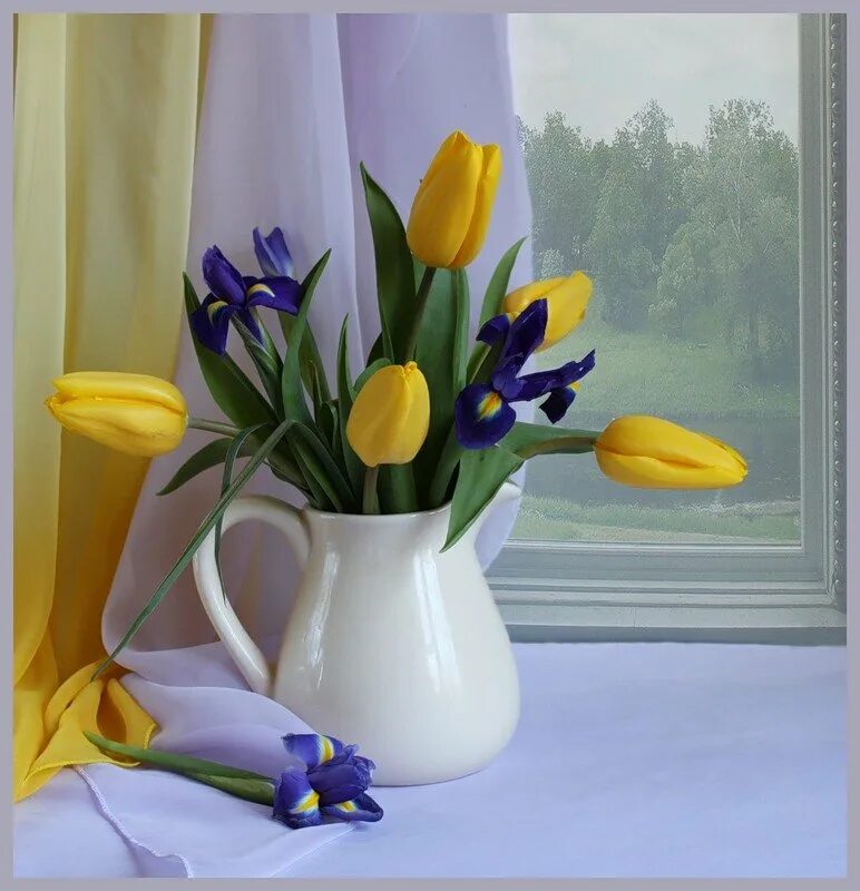 Добрый день картинки с тюльпанами. Весенний букет. Весенний букет на окне. Цветы в вазе на окне. Натюрморт с весенними цветами.