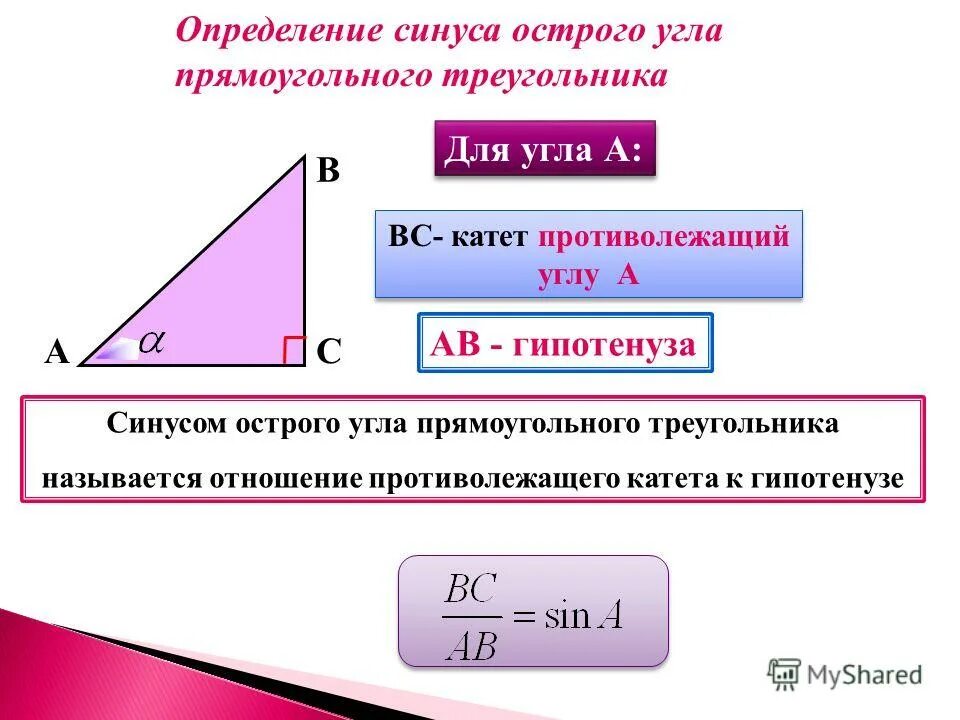 Синус острого угла всегда меньше единицы. Соотношение между сторонами и углами прямоугольного треугольника. Отношение катета к гипотенузе в прямоугольном треугольнике. Синус острого угла прямоугольного треугольника.