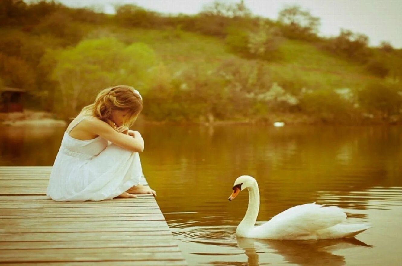 Искренняя и чистая душа. Красота души. Девушка у озера с лебедями. Душевная девушка. Доброта и простота.