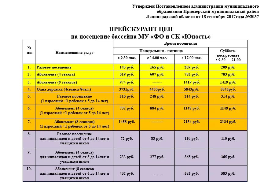 прейскурант цен на бассейн