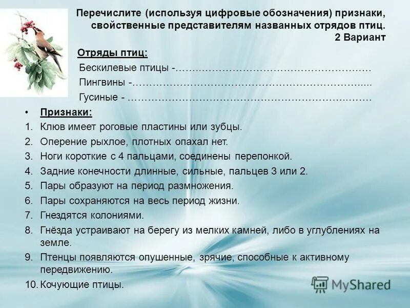 тест по биологии класс птицы