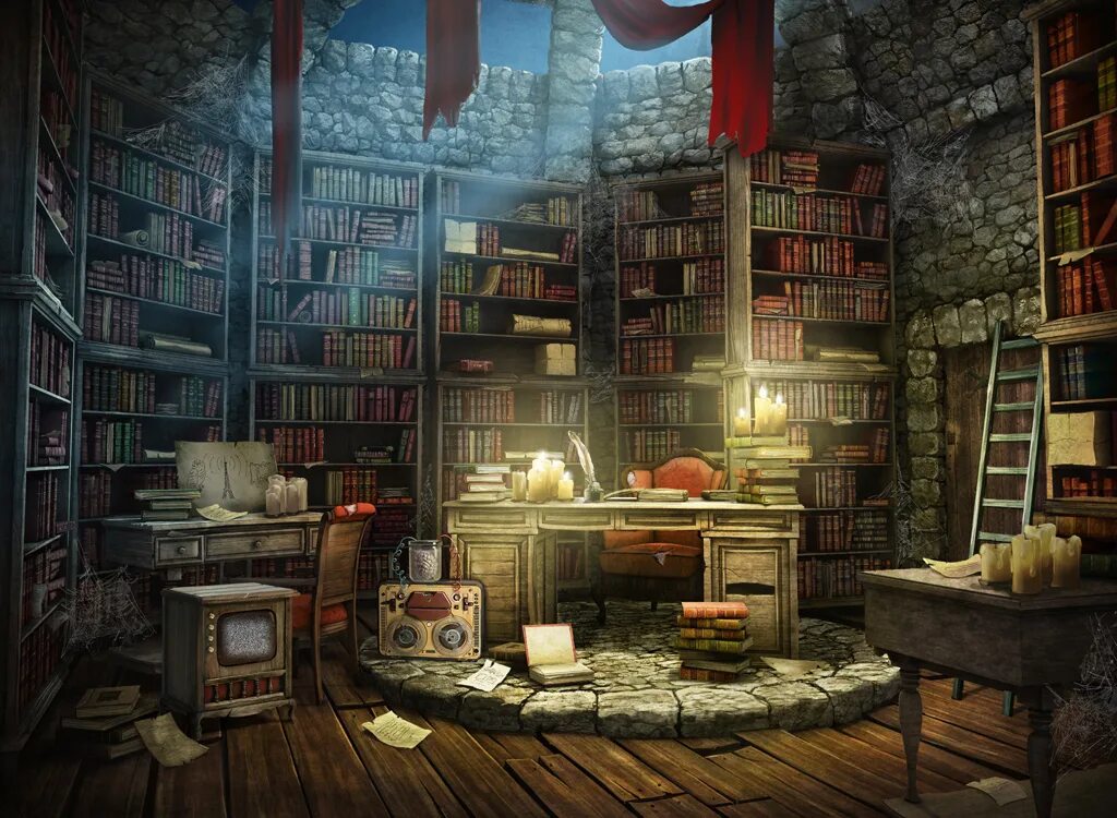 Магическая комната. Старинная библиотека. Библиотека в замке. Сказочная библиотека. Библиотека ада.