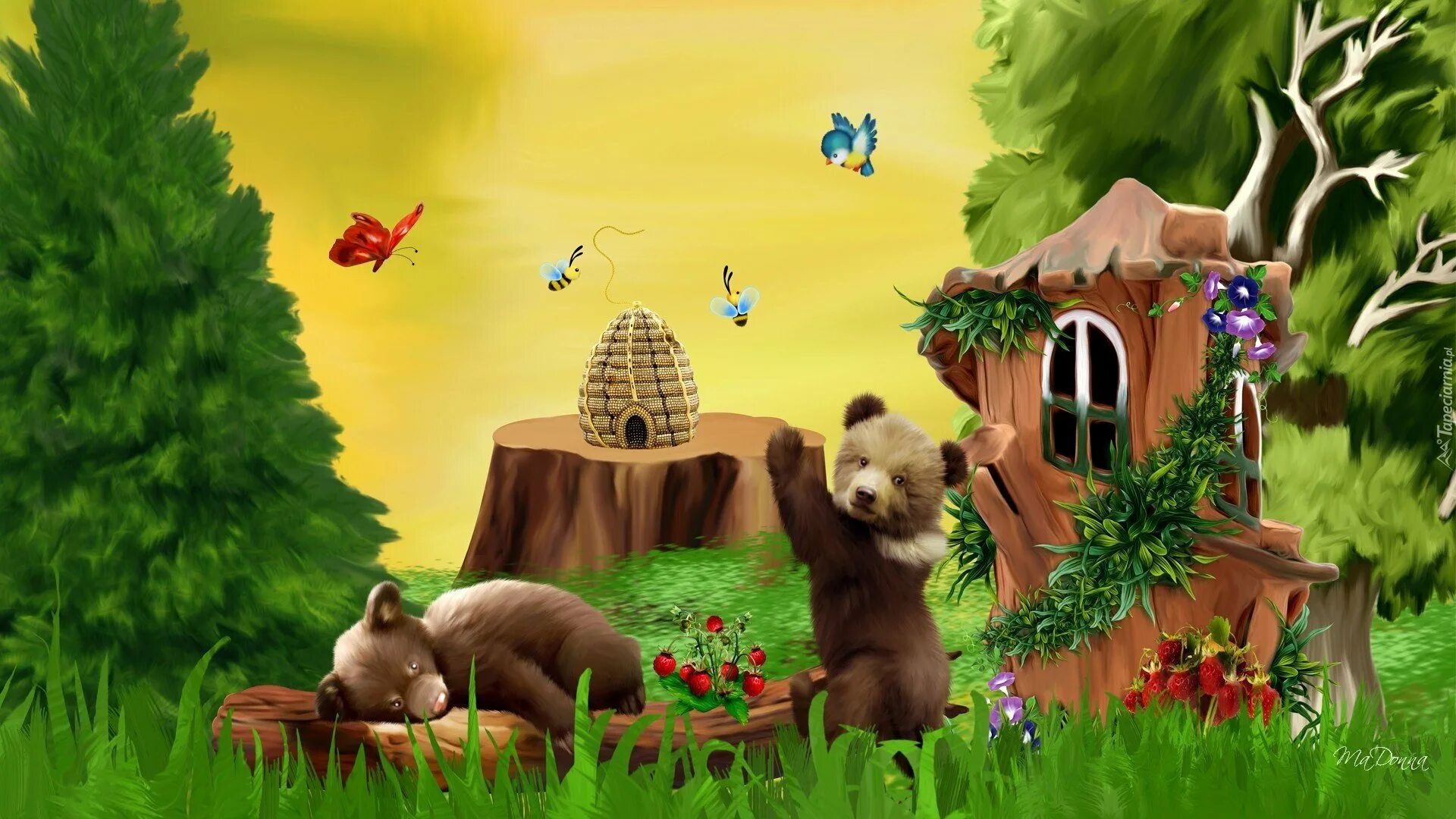 Маша и медведь художник фонк. Домик для зверей. Маша и медведь. Сказочный лес с животными. Сказочный дом медведя.