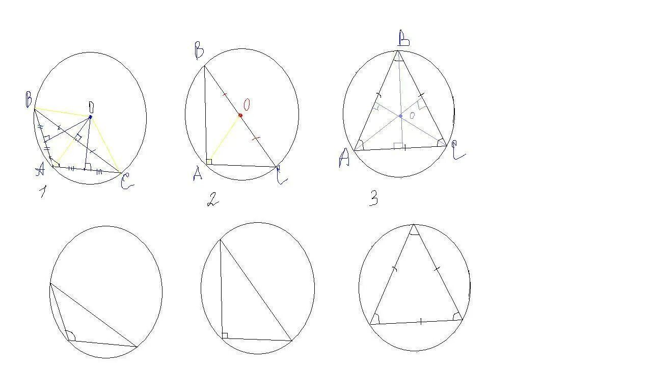 Как построить описанную окружность около треугольника. Центр описанной окружности остроугольного треугольника. Центр описанной окружности тупоугольного треугольника. Начертить описанную окружность с тупоугольным треугольником. Окружность описанная около остроугольного треугольника.