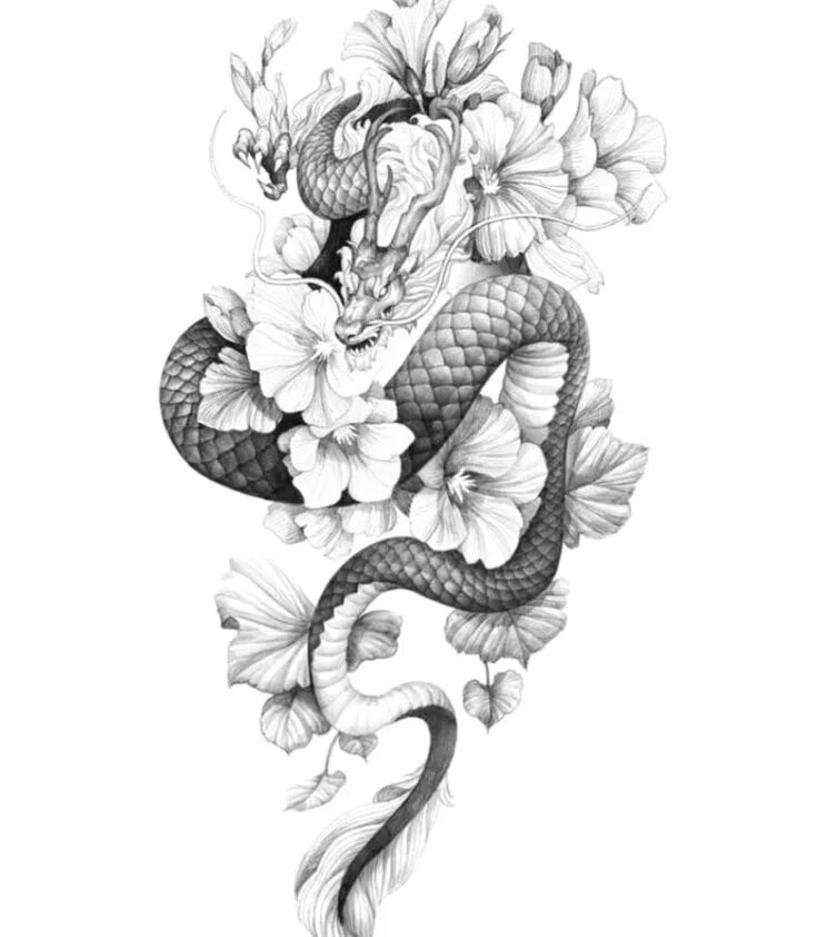 Тату дракон с цветами. Дракон тату эскиз. Японский дракон с цветами. Эскиз тату дракон с цветами. Змея и цветок 2