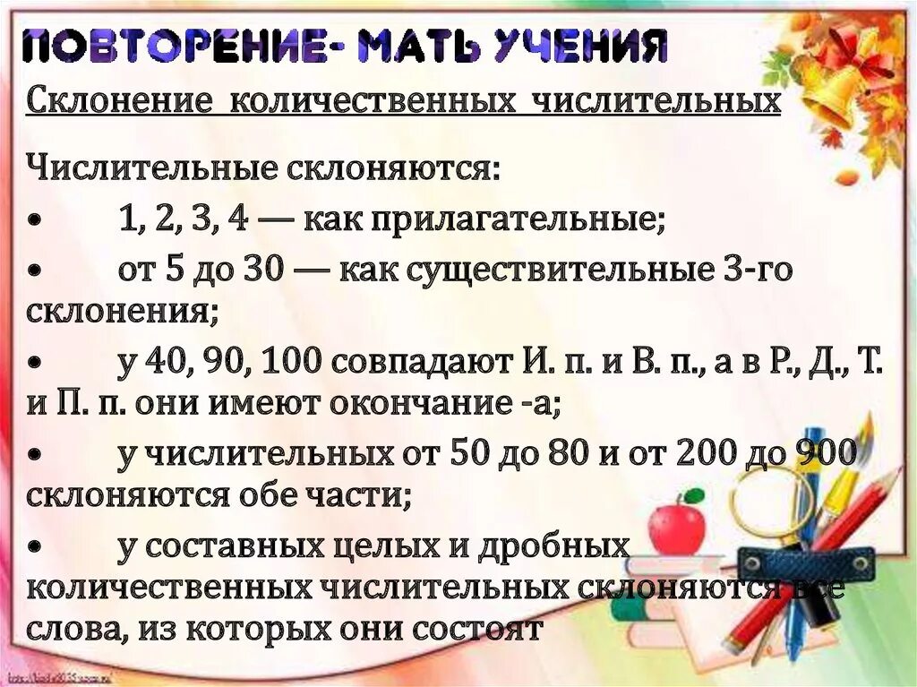 Обучающий плакат "Склонение числительных", А2, 44х60 см, картон. - купить с дост