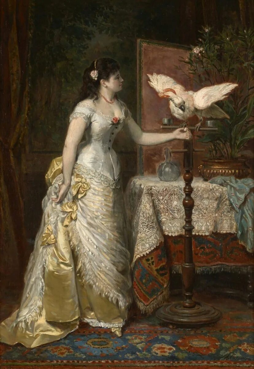 Дама с попугаем. Художник Herman-Maurice Cossmann.. Дама с попугаем картина. Дама с попугаем живопись. Картина женщина с попугаем.