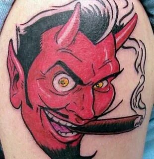 Nice Looking Red Ink Addicted Devil Tattoo On Men’s Upper Sl