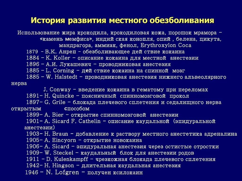 История развития общего по. История местных анестетиков. Основные этапы развития обезболивания. История местной анестезии. История развития наркоза.