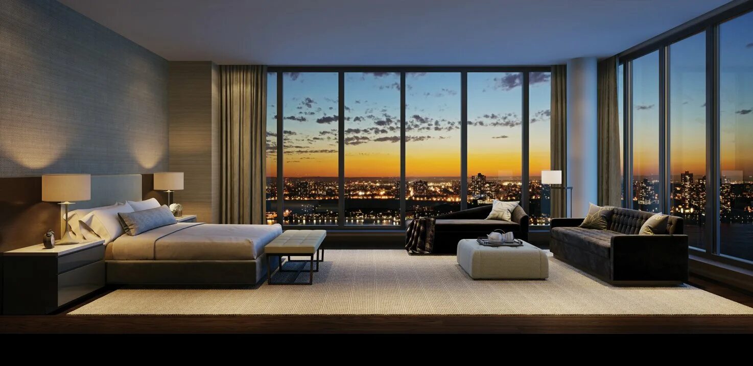 Панорамный. Апартаменты в небоскребе Нью-Йорка. Спальня с панорамными окнами в небоскребе. Интерьер панорама. Спальня с видом на небоскребы.