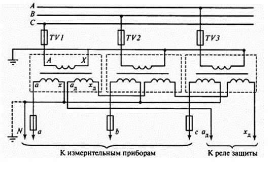 Схема включения трансформатора напряжения. Трехфазный трансформатор напряжения измерительный схема включения. схема подключения измерительного трансформатора. схема подключения измерительного трансформатора напряжения.
