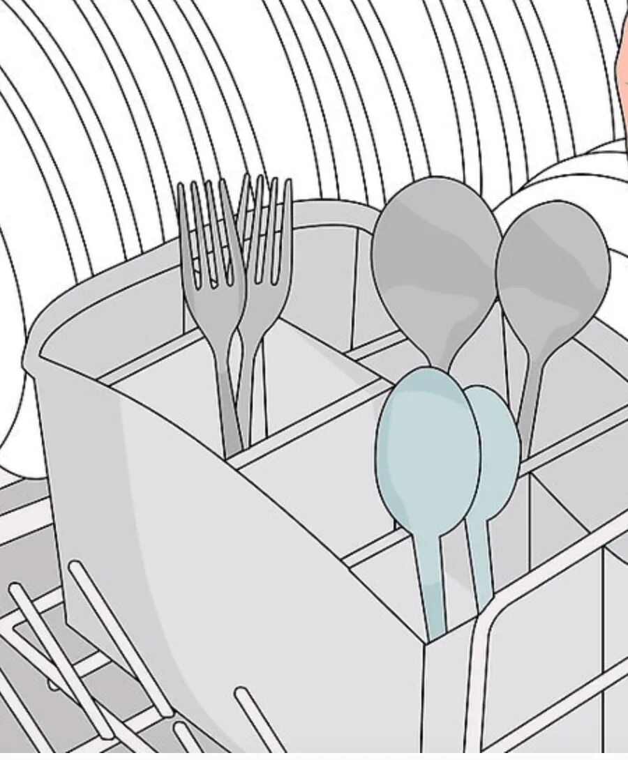 На рисунке изображены посудомоечная машина. Схема загрузки посуды в посудомоечную машину. Мытье столовых приборов. Мытье вилок и ложек в посудомойке. Загрузка столовых приборов в посудомоечную машину.