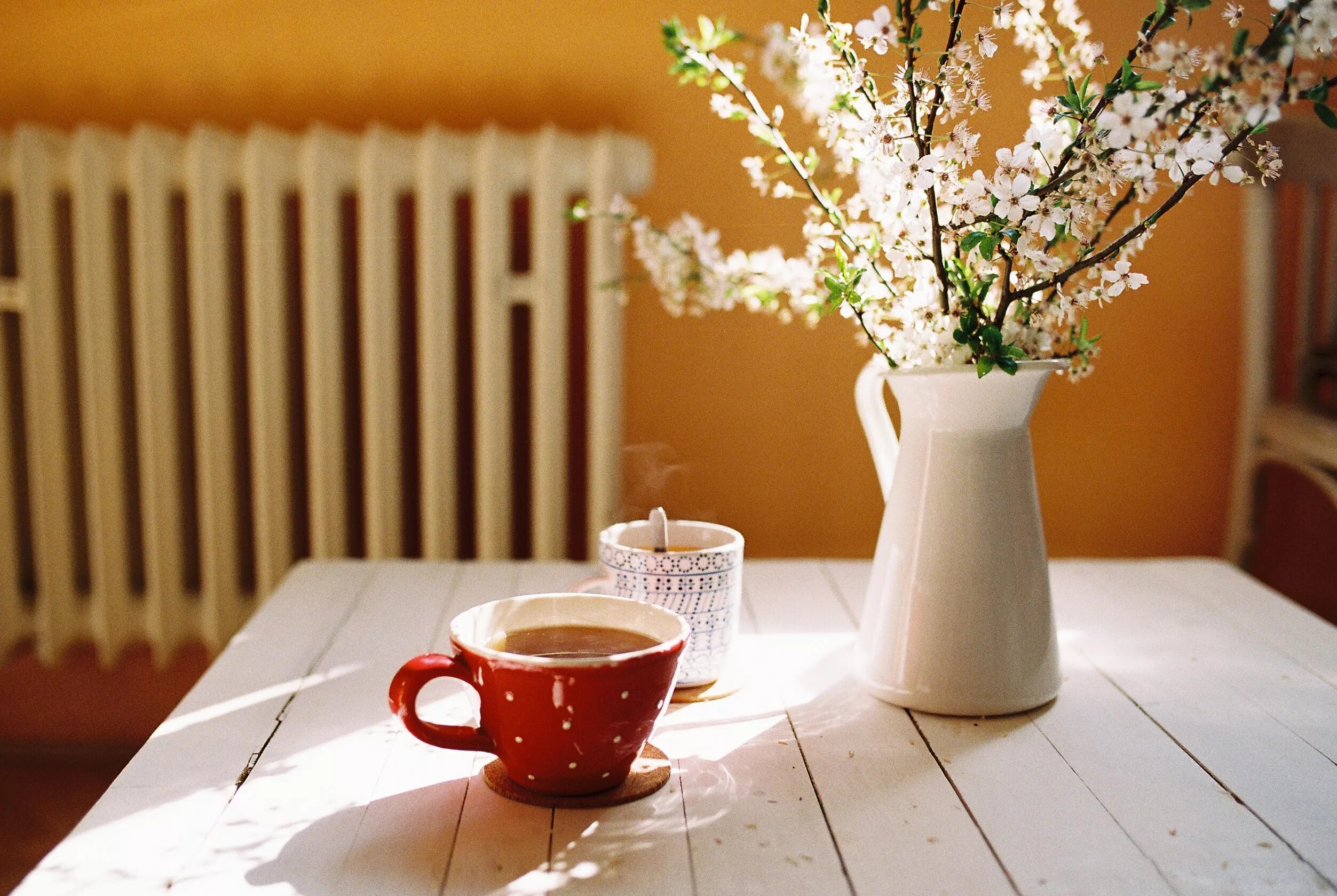 Кофе и цветы. Весенний уют. Доброе утро весеннее солнце