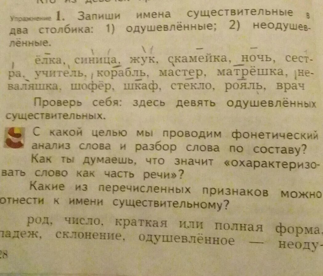 Запиши слова в два столбика одушевленные