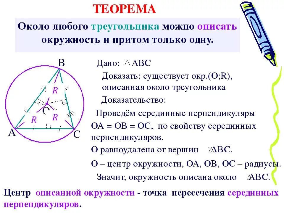 Окружность описанная около треугольника доказательство. Теорема об окружности описанной около треугольника доказательство. Теорема о центре окружности описанной около треугольника. Доказать теорему об окружности описанной около треугольника. В любой ли треугольник можно вписать окружность