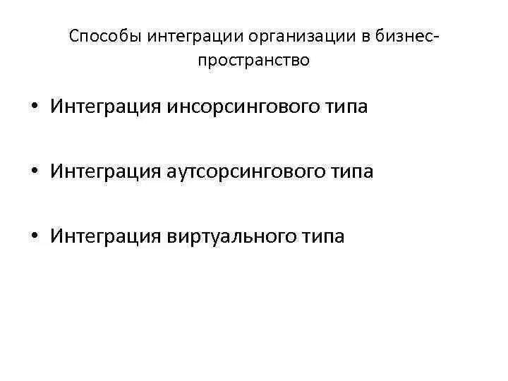 Интегративные организации. Интеграция инсорсингового типа. Организационными формами интеграции инсорсингового типа являются. Стратегическая интеграция инсорсингового типа предполагает. Организационные формы интеграции инсорсингового типа.