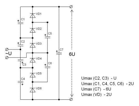 Умножитель напряжения на 3 диодах. Умножитель напряжения на 6 для усилителя мощности кв. Умножитель напряжения на 2. Умножитель напряжения на 5 схема.