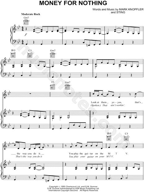 Песня мани 1 час. Мани фор НАФИНГ Ноты. Money for nothing Ноты. Dire Straits money for nothing Ноты. Dire Straits money for nothing Ноты для гитары.
