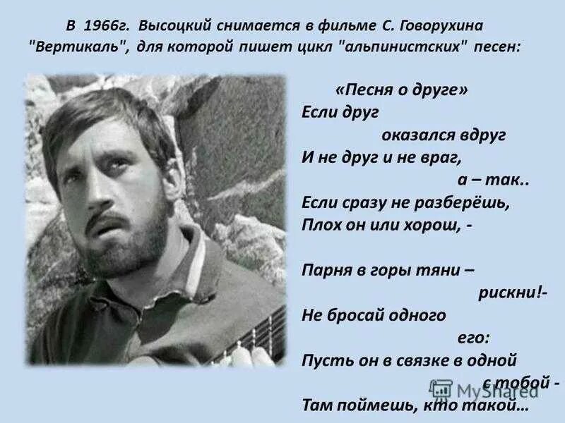 Стихи Высоцкого. Песня о друге Высоцкий. Высоцкий в горах. Высоцкий стихи о друге. Кто поет того горе не берет значение