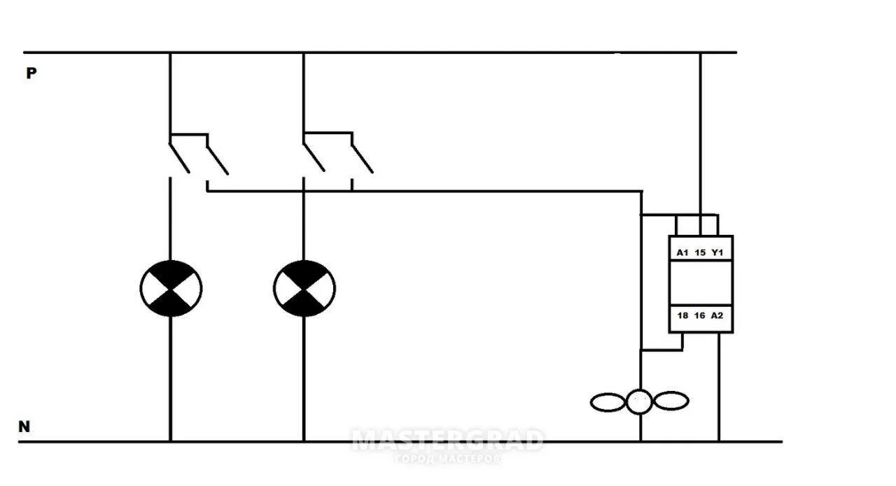 Схема включения одного вентилятора от двух выключателей. Схема подключения двух вентиляторов к одному выключателю. Схема подключения вентилятора с двух выключателей. Схема подключения реле 2 выключателя на один вентилятор. Как подключить вентилятор к выключателю