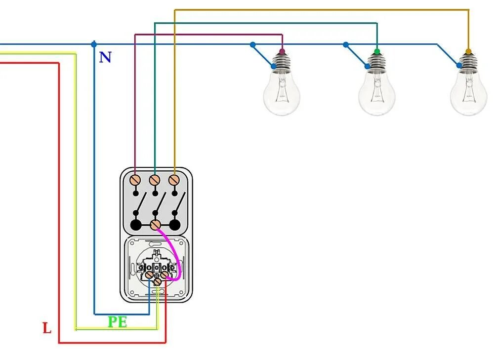 Свет с тремя выключателями. Трехклавишный выключатель подключение схема. Схема подключения 3х клавишного выключателя. Схема подключения трёхклавишного выключателя с розеткой. Схема подключения 3 лампочки с одним выключателем.