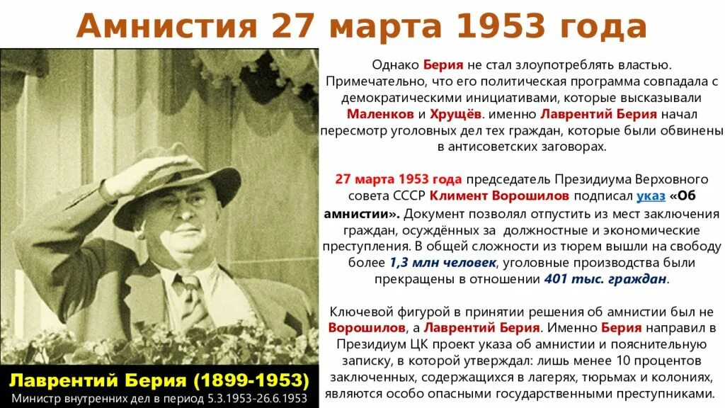 Берия амнистия 1953. Ворошиловская амнистия 1953 года. Берия что сделал