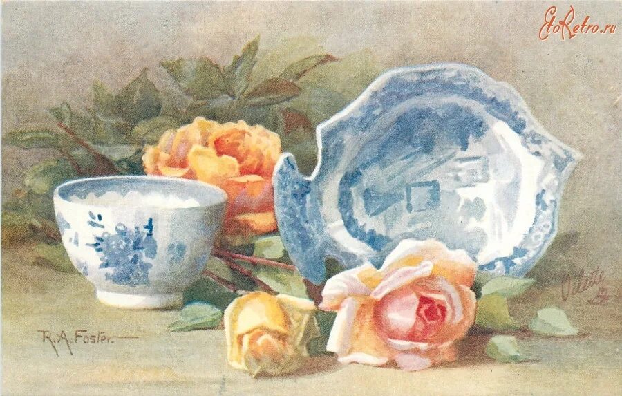 Громадная голубая чаша. Синие чашки в живописи. Картинки для декупажа чайная тема. Керамика открытка ретро. Фарфор ретро открытка.