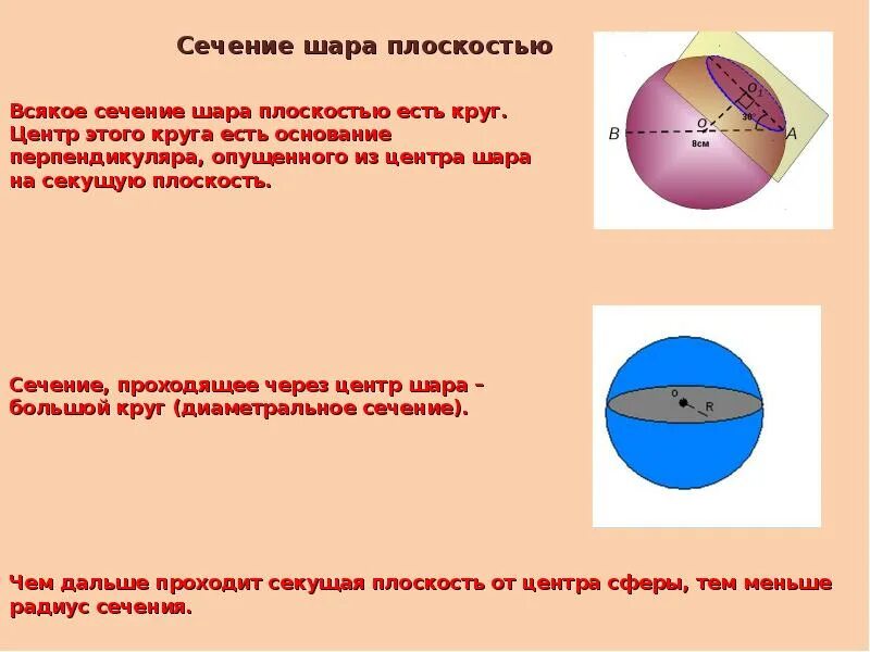 Сечением шара плоскостью является. Шар сечение шара плоскостью. Диаметральное сечение шара. Сечение шара плоскостью есть. Сечение сферы плоскостью.