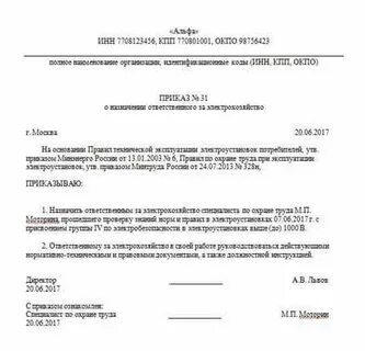 Образец ответственного за электрохозяйство