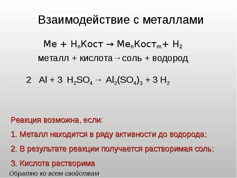 Реакции металла и кислотного