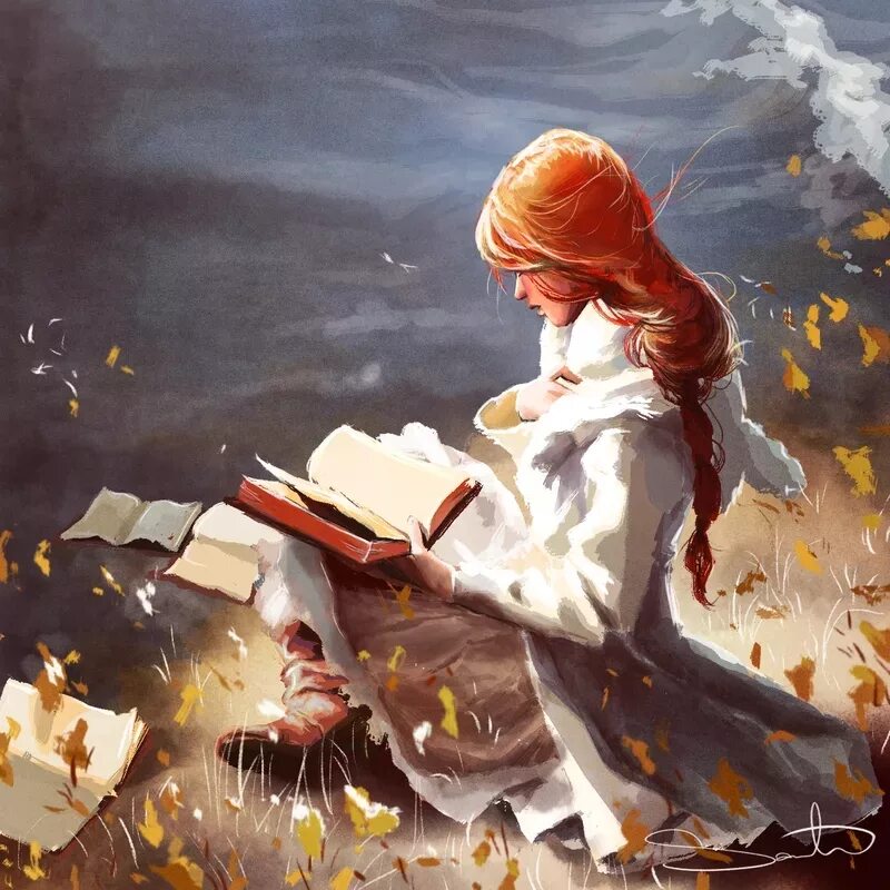 Рыжая девушка с книгой. Чтение в живописи. Иллюстрации к книгам. Книги арты.
