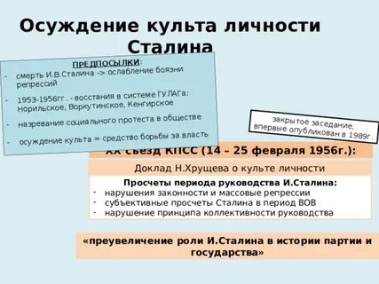 Осуждение культа личности сталина и репрессий