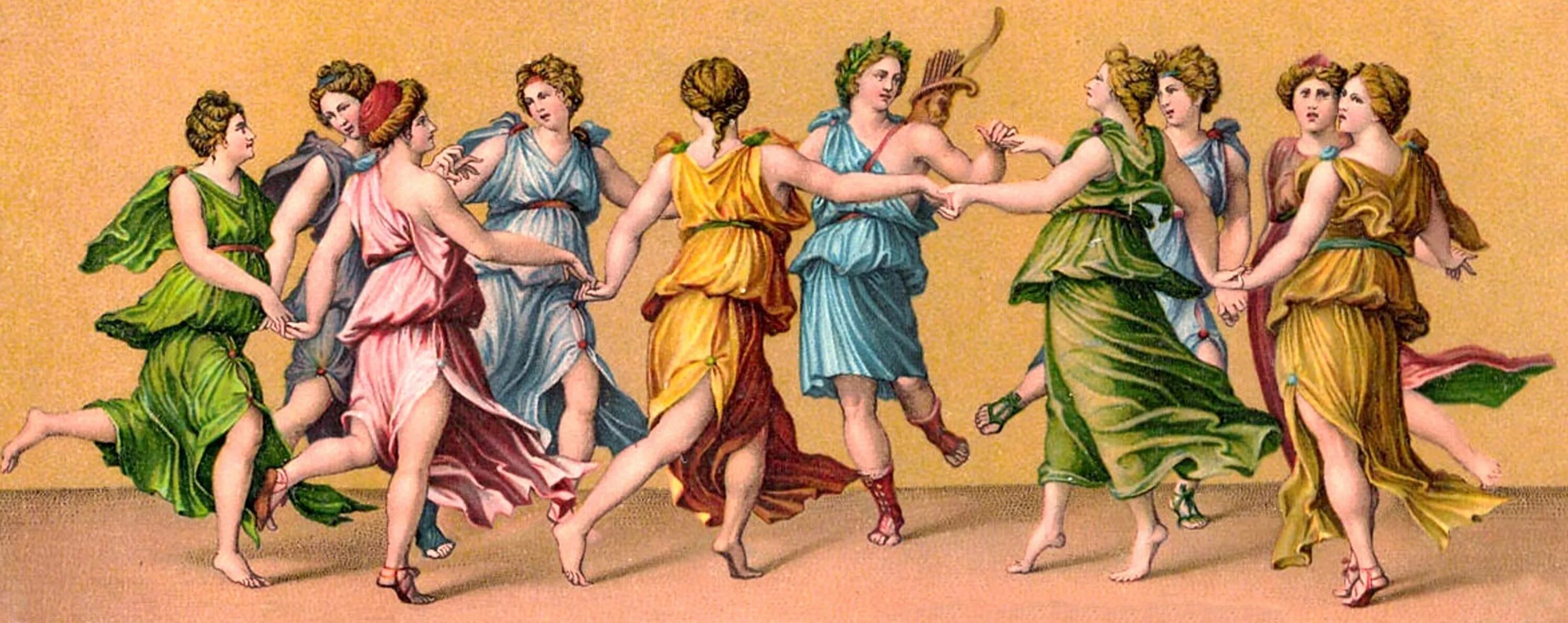 Кого сопровождали музы. Древняя Греция 9 муз и Аполлон. Аполлон и музы древняя Греция. Богини и музы древней Греции.