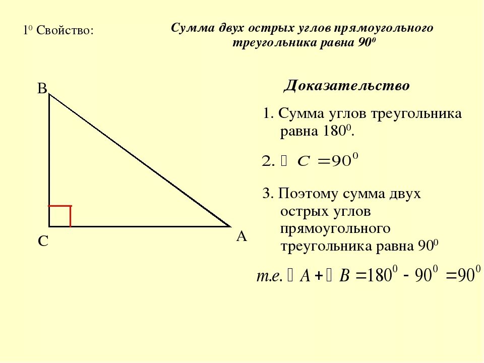 Как найти угол б в прямоугольном треугольнике. Сумма острых углов прямоугольного треугольника равна 90 градусам. Свойство острых углов прямоугольного треугольника. Свойство о сумме двух острых углов прямоугольного треугольника. Сумма двух острых углов прямоугольного треугольника равна.