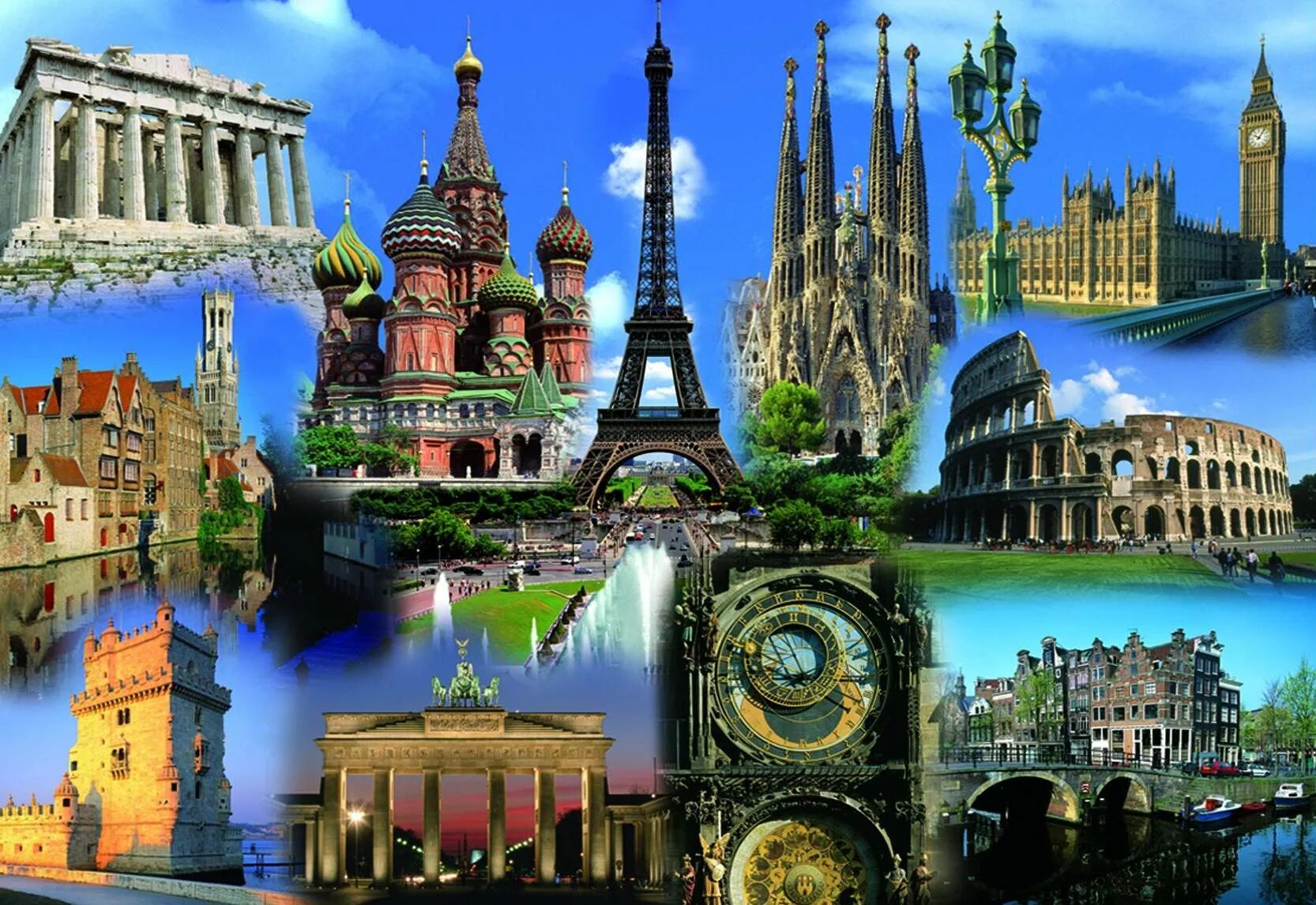 Несколько важных городов. Достопримечательности Европы. Коллаж достопримечательности. Путешествие по Европе.