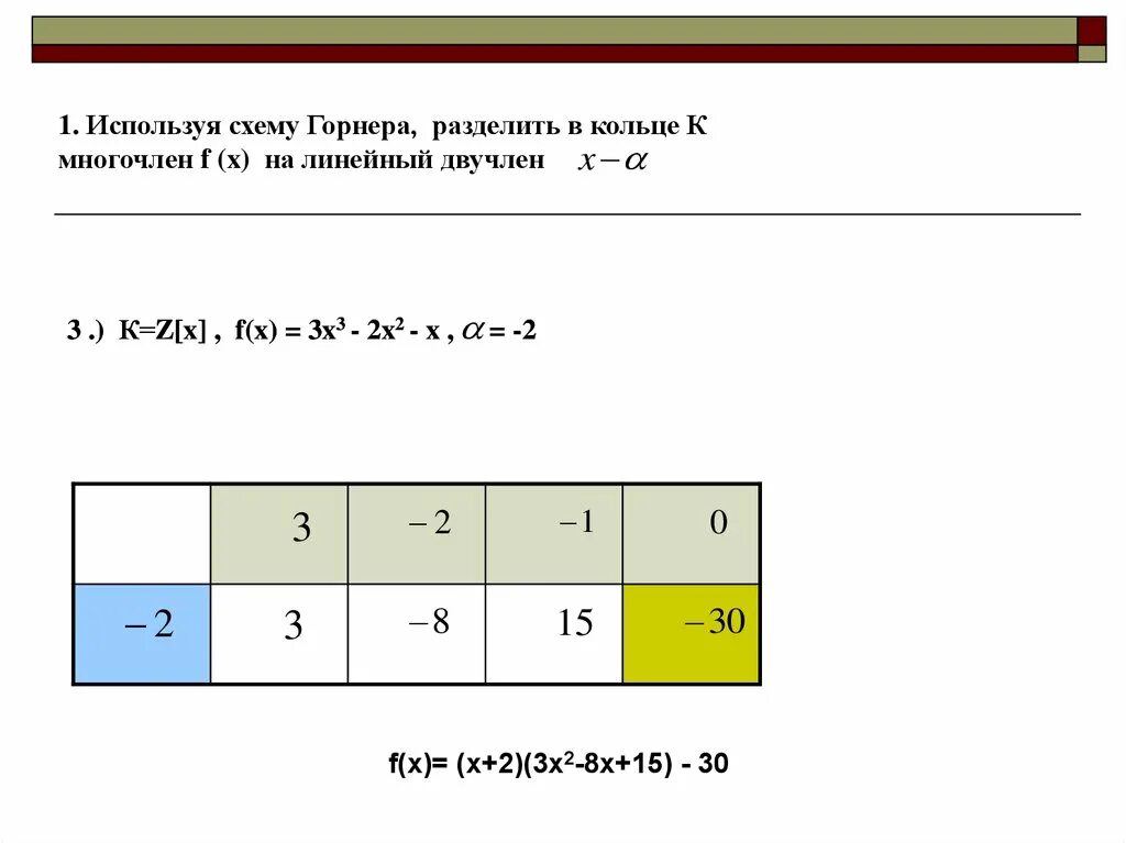 Многочлен x3 x2. Схема горнера деление. Понижение степени по схеме горнера. Понижение степени схема горнера. Уравнения высших степеней схема горнера.