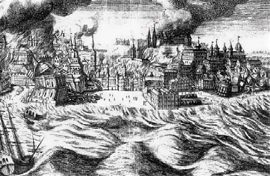 ЦУНАМИ В Португалии 1755. Землетрясение в Лиссабоне 1755. Гравюра Лиссабонское землетрясение. Лиссабон (Португалия), 1 ноября 1755 года.