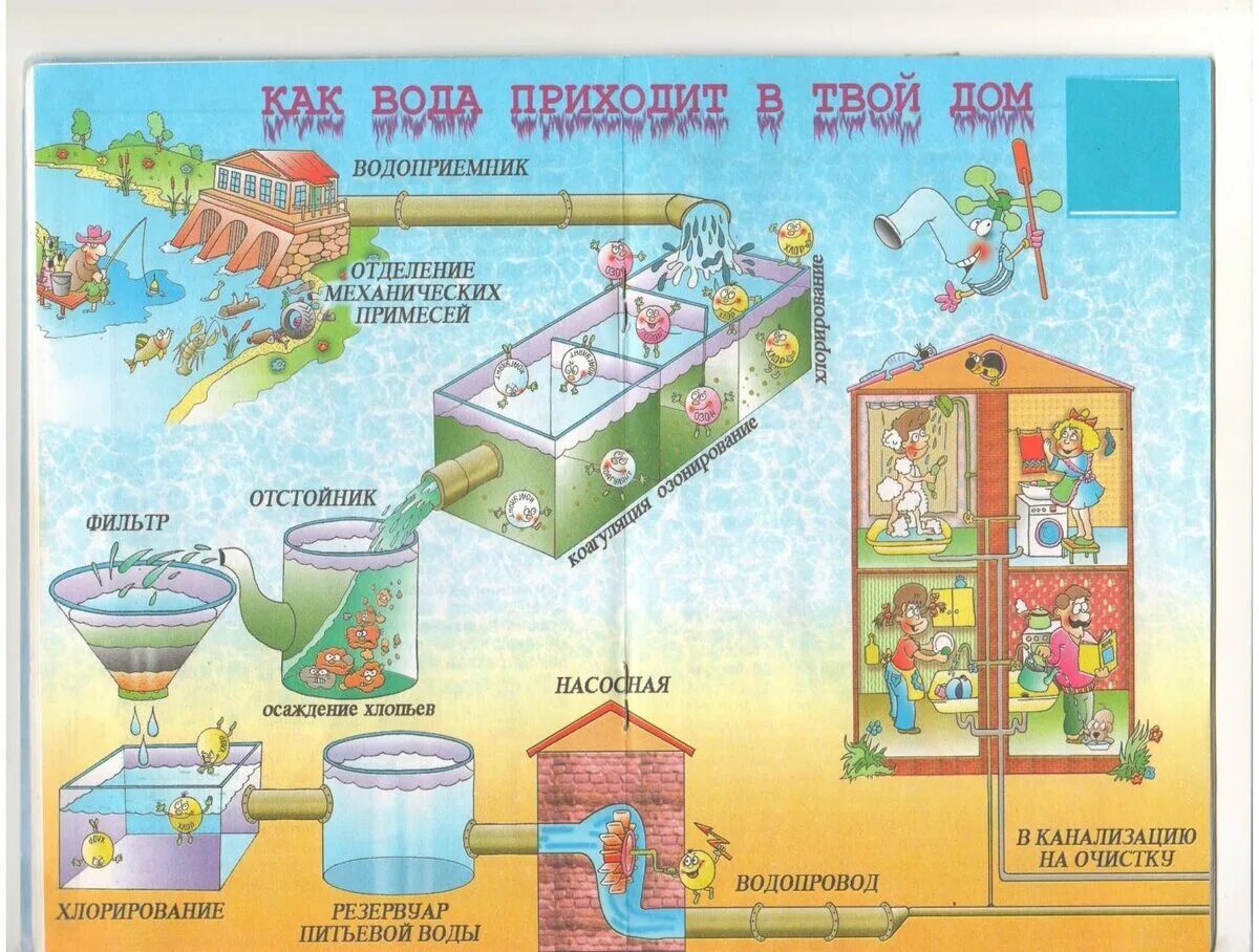 Система водоснабжения для детей. Схема очистки воды для дошкольников. Схема попадания воды в дом. Как вода поступает в дом. Откуда в квартире вода