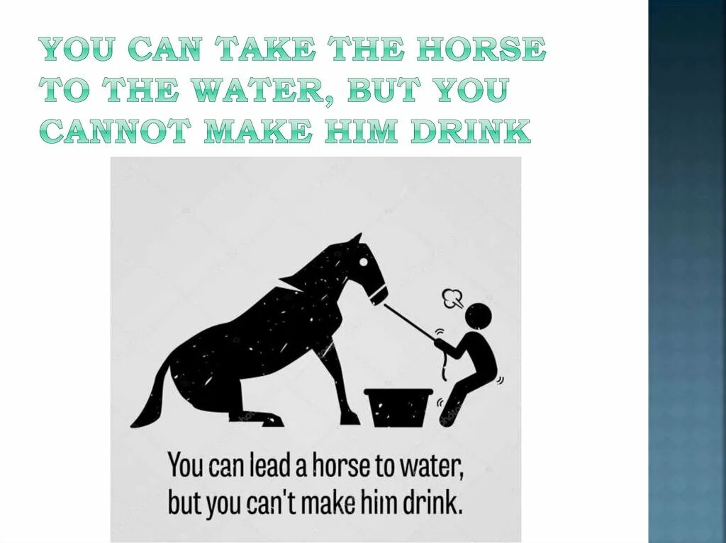 You can bring the Horse to the Water but you cannot make him Drink. You can take a Horse to the Water but you can’t make him Drink. На русском. You can take a Horse to Water. You can take a Horse to Water but you cannot make him Drink перевод. Make him drink