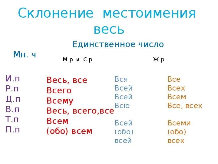 Местоимение склонение местоимений. Падежи определительных местоимений таблица. Склонение местоимения весь по падежам. Склонение местоимений по падежам.