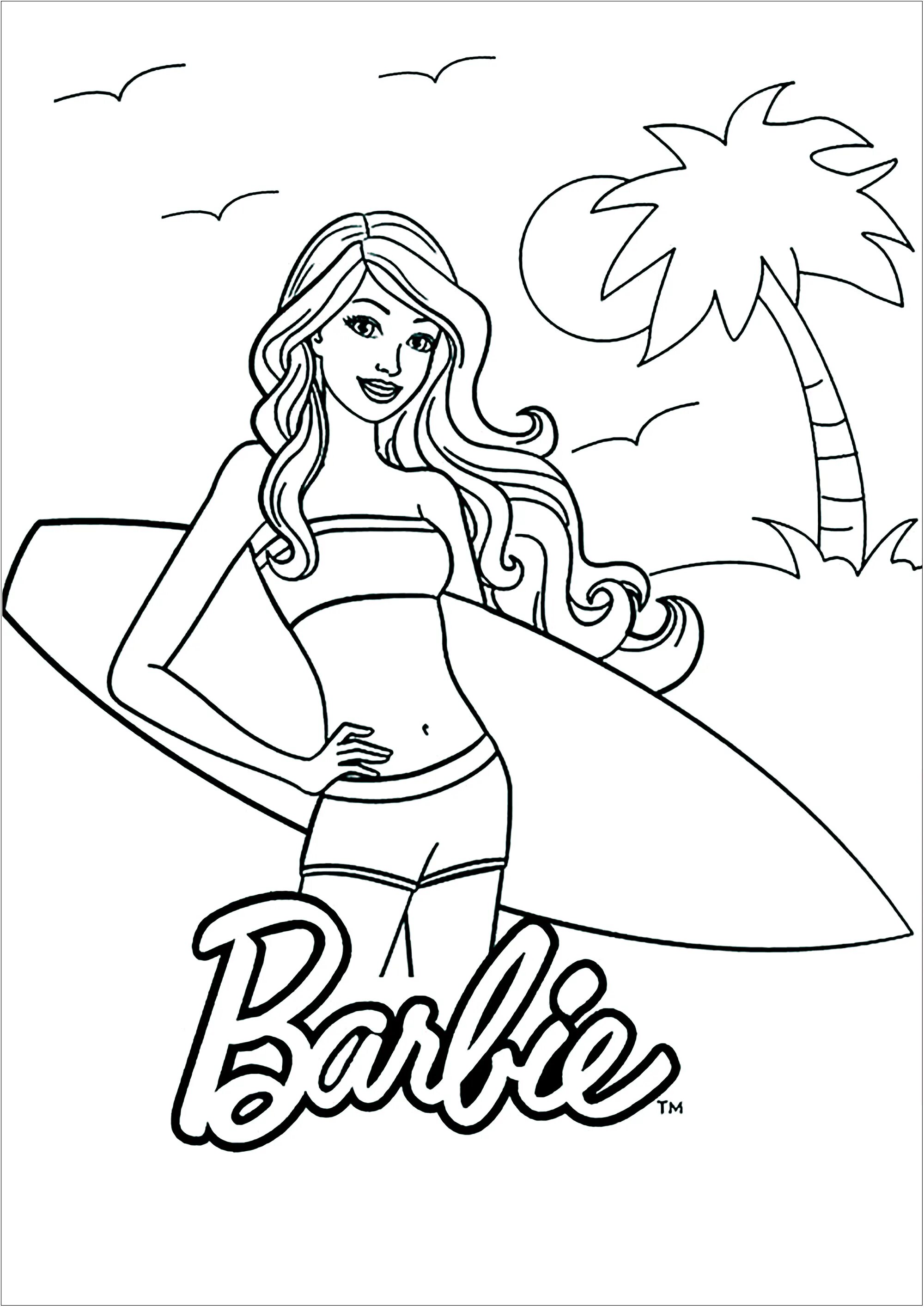 Раскраски для девочек Барби. Раскраска Барби на пляже. Раскраска барби формат а4