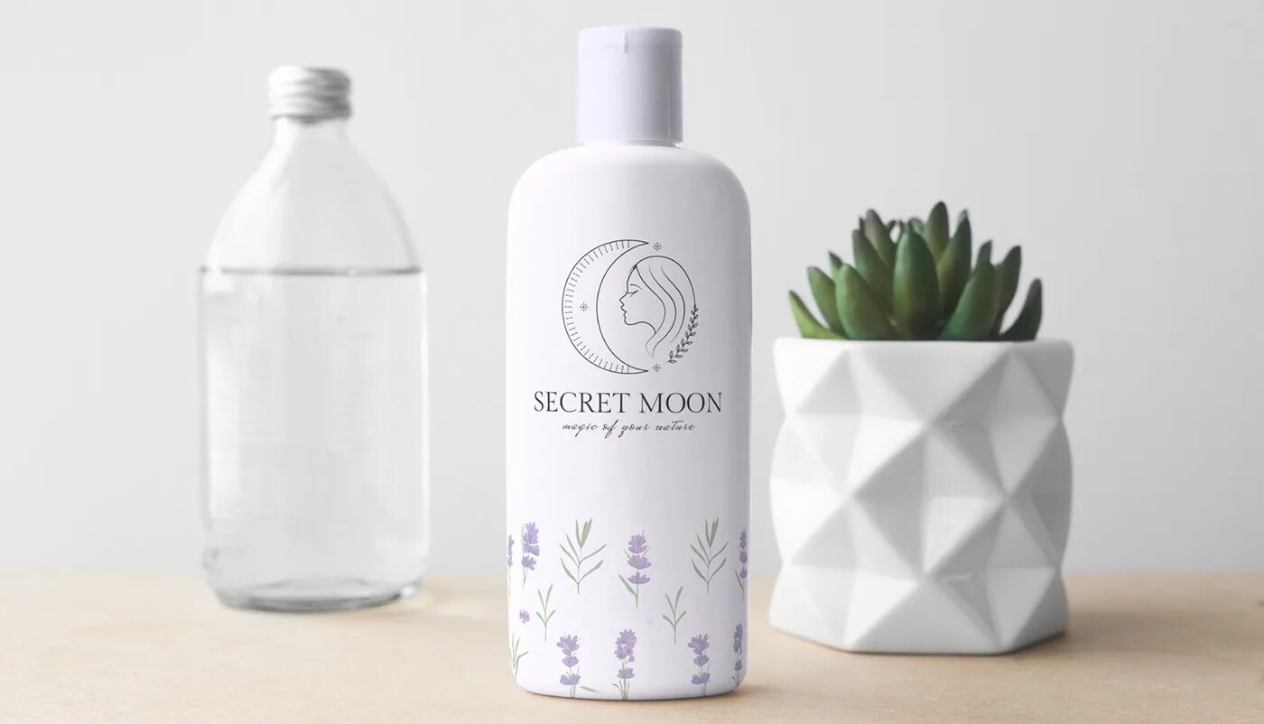 Cosmetic Bottles on Desk. Product Photography. Secret moon