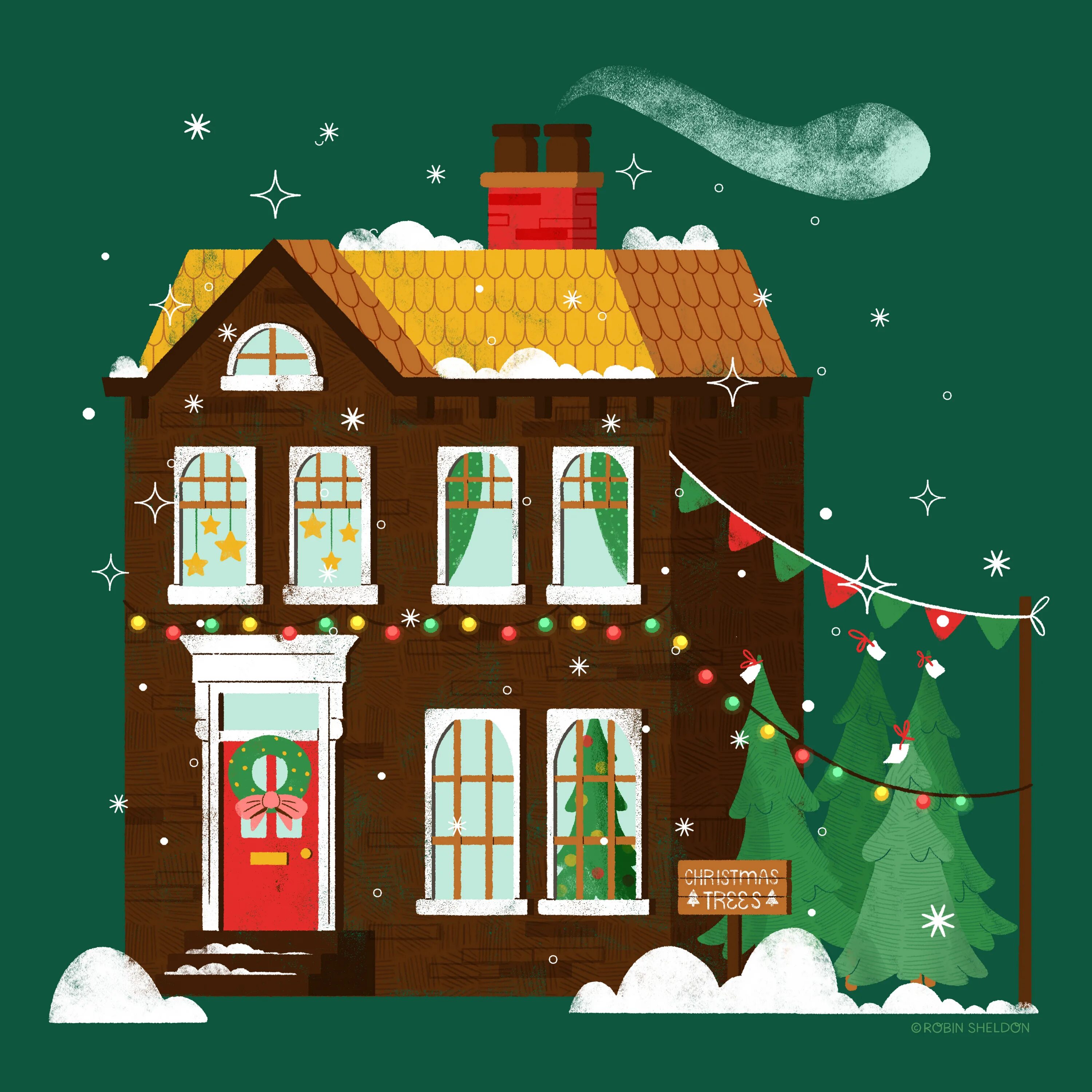 Зима. Новый год фото. Christmas House illustration. Happy Holidays Robin.