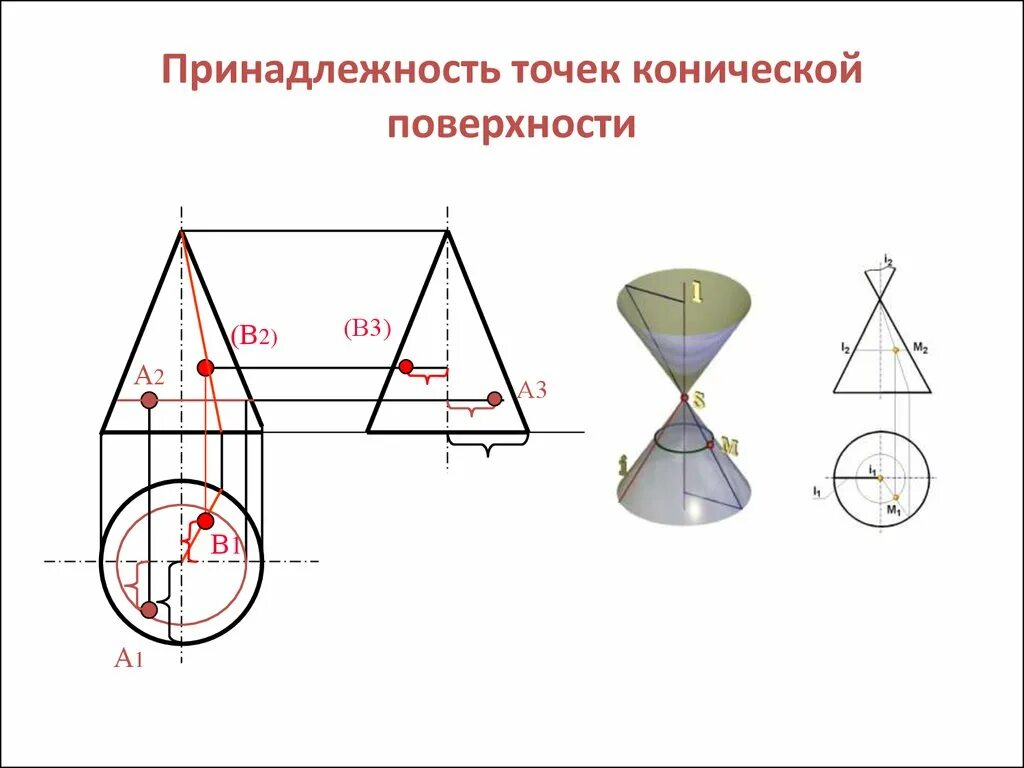 Коническая поверхность. Поверхности вращения конус. Коническая поверхность вращения. Принадлежность точки поверхности. Определение точек на поверхности