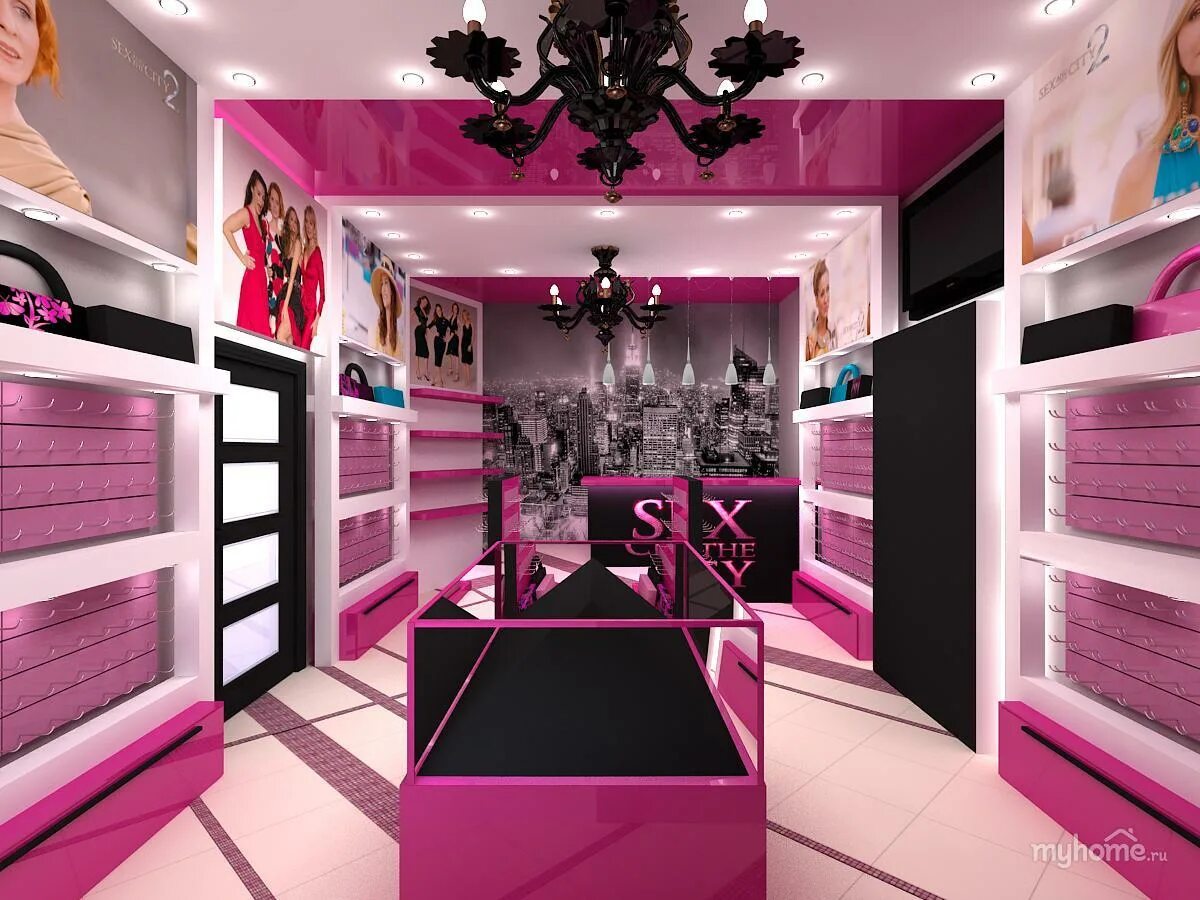 фиолетовый цвет в интерьере магазина. магазин хелло китти в японии. розовая брендовая одежда. розовый магазин. товар розового цвета.