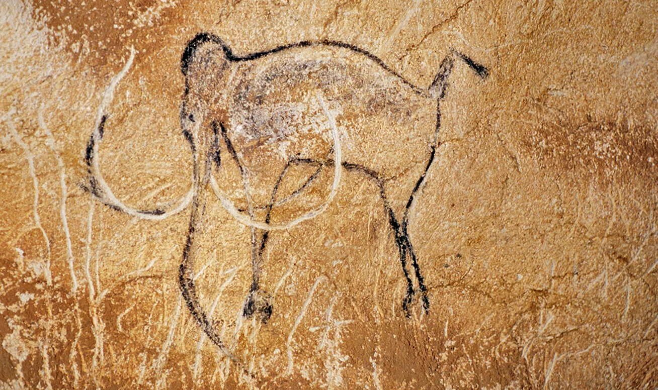 Первобытное изображение человека. Наскальная живопись пещера Руффиньяк. Наскальный рисунок мамонта первобытного человека. Chauvet Cave Mammoth. Мамонт пещера Руффиньяк.