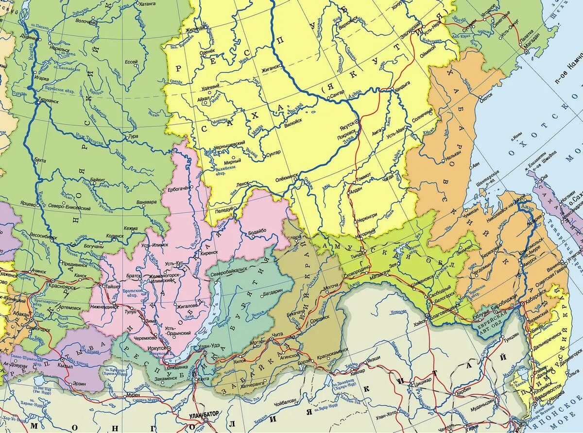 Крупные города восточной россии. Карта Сибири и дальнего Востока России подробная с городами. Карта Дальний Восток Сибирь Восточная Сибирь. Карта Восточной Сибири и дальнего Востока. Карта дальнего Востока и Сибири с городами подробная.