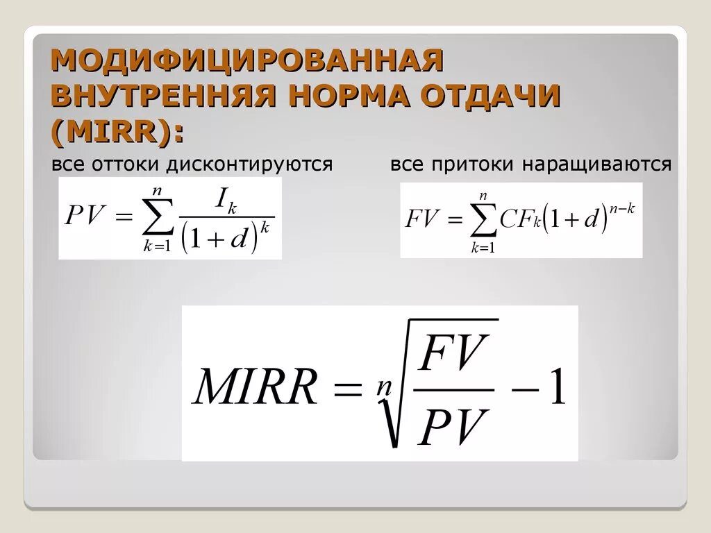 Внутренняя доходность формула. Внутренняя ставка Mirr формула. Модифицированная внутренняя ставка доходности формула. Модифицированная внутренняя норма рентабельности Mirr. Формула для расчета модифицированной внутренней нормы доходности.