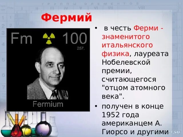 Фермий. Фермий элемент. Химические элементы названные в честь ученых. Фермий в таблице Менделеева.